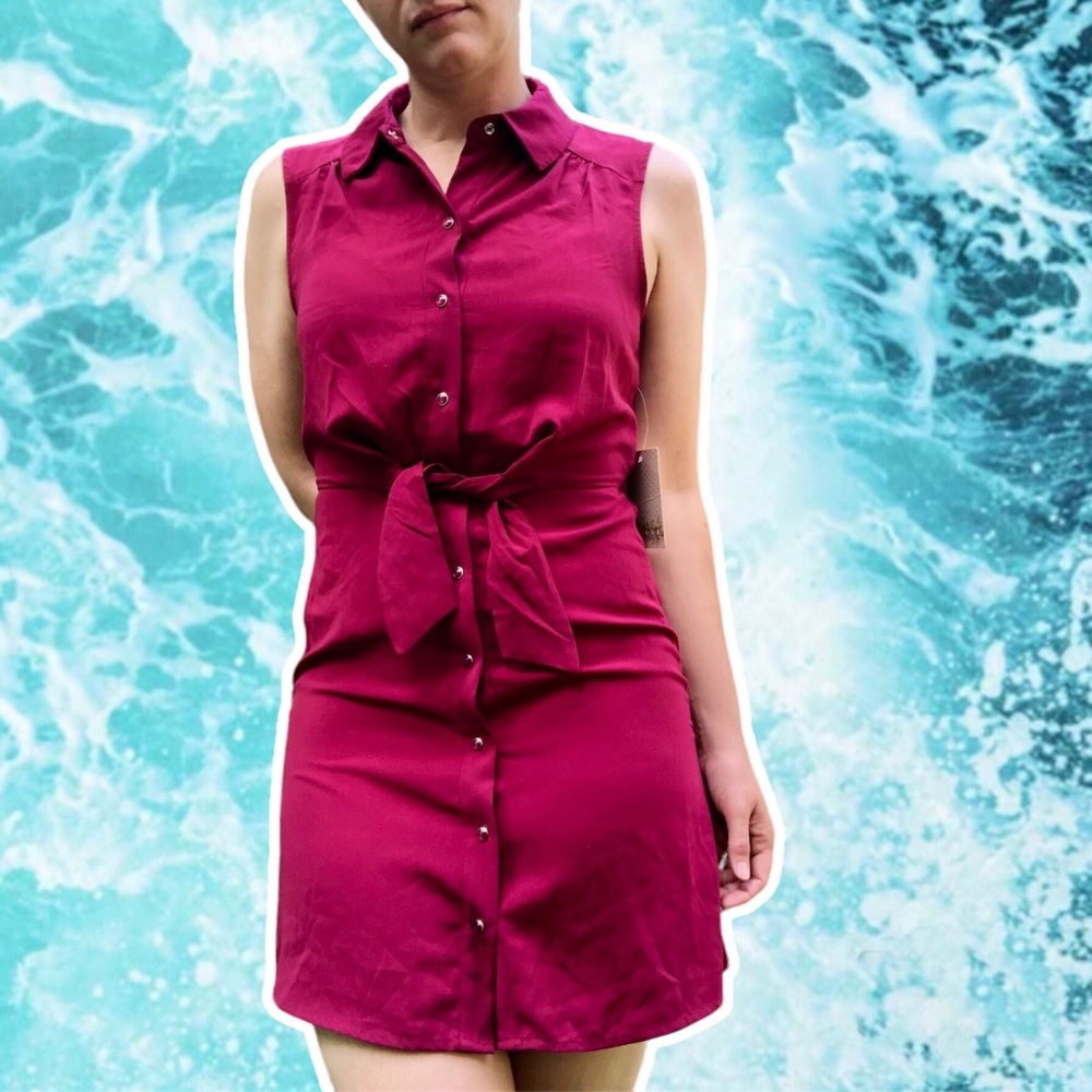 NWT BeBop Sleeveless Maroon Snap-Front Shirt Dress with Waist Tie, Size S